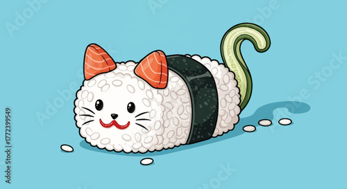 Cute Sushi Cat Character with Salmon and Nori Illustration
