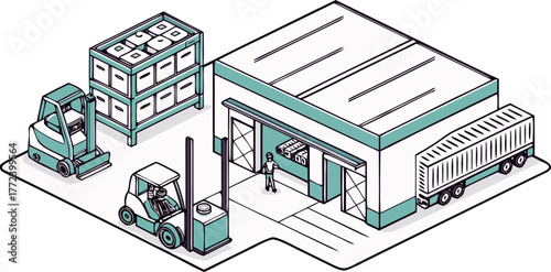 Intelligent logistics warehouse featuring autonomous cargo robots powered by IoT for efficient shipping and business operations, isometric vector illustration.