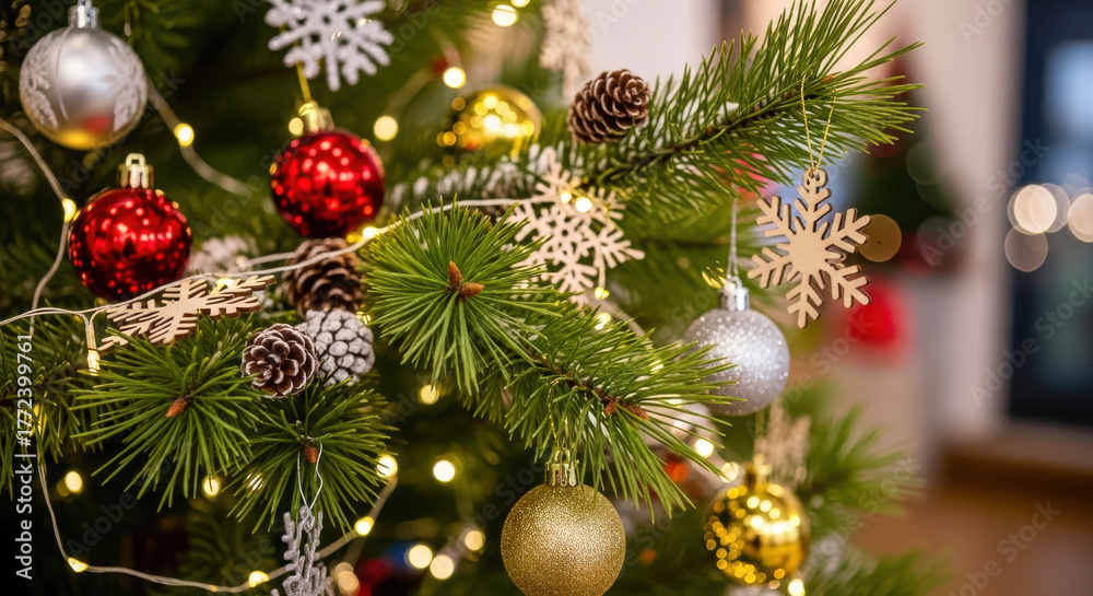 Fototapeta premium Decorated christmas tree with ornaments, snowflakes, and pine cones indoors