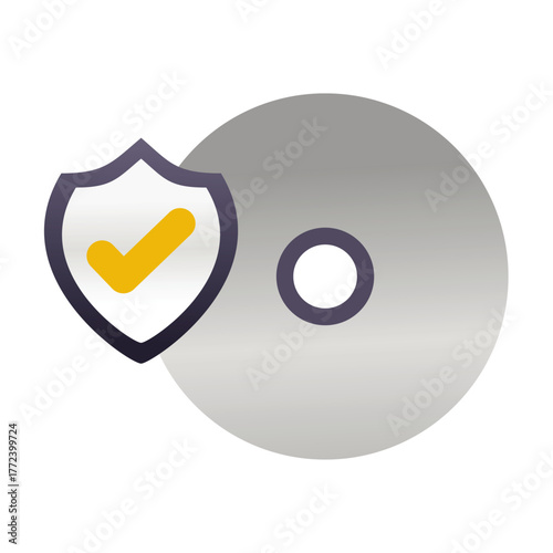 Dvd or cd protection icon, compact disk with shield and checkmark symbol, safe digital storage, secure data protection and backup, flat vector illustration