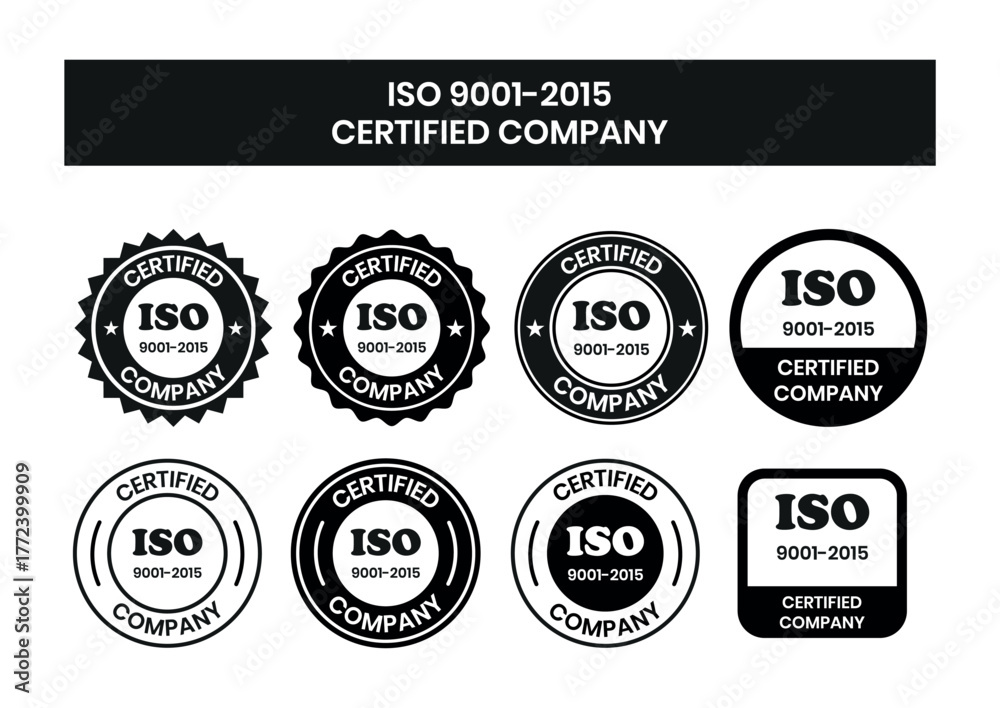 Obraz premium ISO 9001-2015 Certified Company Stamp. Quality Assurance and Compliance Certification Logo for Business and Manufacturing. ISO 9001-2015 Certified Company badge, flat vector, isolated illustration.