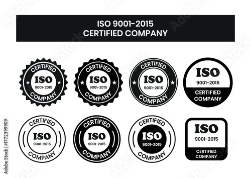 ISO 9001-2015 Certified Company Stamp. Quality Assurance and Compliance Certification Logo for Business and Manufacturing. ISO 9001-2015 Certified Company badge, flat vector, isolated illustration.