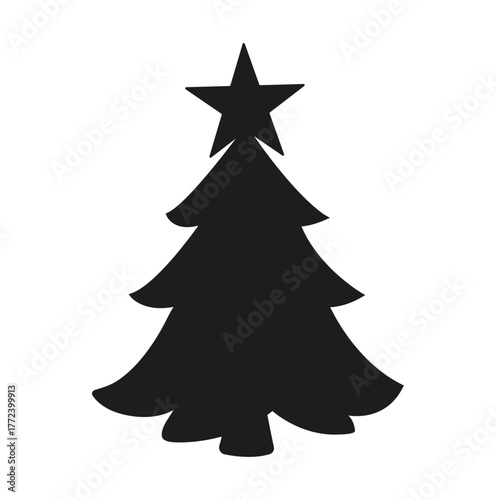 Black silhouette of Christmas tree with star on top isolated on white background, minimal holiday icon for winter celebration design