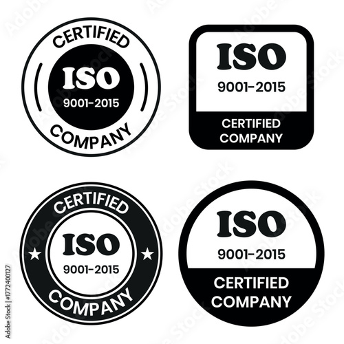 ISO 9001-2015 Certified Company Stamp. Quality Assurance and Compliance Certification Logo for Business and Manufacturing. ISO 9001-2015 Certified Company badge, flat vector, isolated illustration.