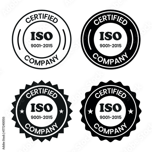 ISO 9001-2015 Certified Company Stamp. Quality Assurance and Compliance Certification Logo for Business and Manufacturing. ISO 9001-2015 Certified Company badge, flat vector, isolated illustration.
