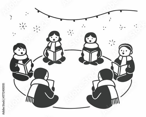 Group of people singing carols together in a circle