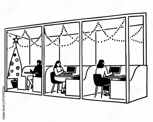 Illustration of office cubicles decorated for christmas