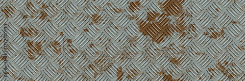 Rusty iron checkerplate industry realistic seamless bg with grunge texture. Old worn steel pattern. Metal pressed industrial floor or wall with distressed oxidation effect. Vector illustration.