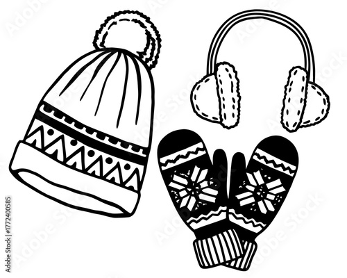 Winter accessories, including hat, gloves, earmuffs