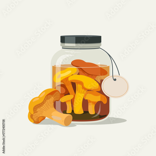 Glass jar with pickled chanterelle mushrooms in brine isolated on white background