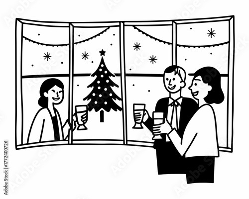 People celebrating christmas with drinks near window