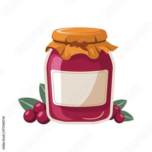 Cranberry jam jar with blank label in flat vector design style