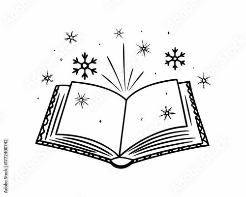 Open book with snowflakes, a magical winter tale