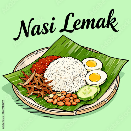 A vibrant illustration of nasi lemak a traditional Malaysian breakfast dish featuring fragrant coconut rice, spicy sambal chili paste, crispy anchovies, and boiled egg