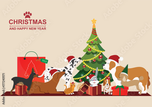Christmas scene with cute pets wearing Santa hats, surrounded by gift bags and presents.