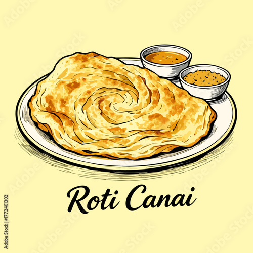 A detailed vector illustration of roti canai a traditional Malaysian flaky flatbread served with savory curry and dhal dipping sauces on a plate