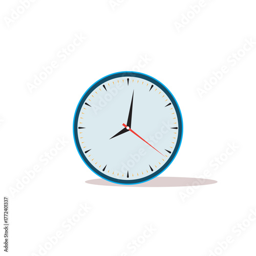 A simple blue clock isolated on white background showing the time with black and red hands in a minimalist vector illustration
