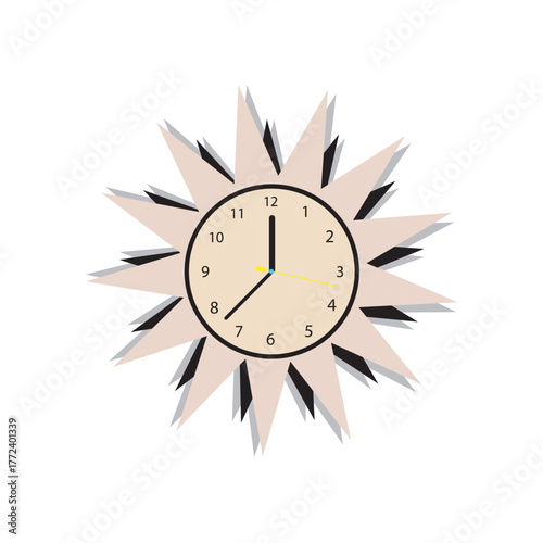 A stylish sunburst clock isolated on white background showing seven oclock with a beige face and black hands in a minimalist vector illustration
