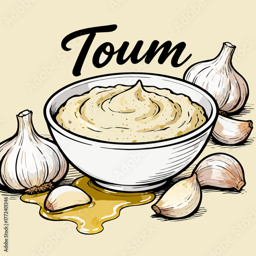 Vectorillustration of toum a traditional Lebanese garlic sauce, a creamy and fluffy dip surrounded by fresh garlic bulbs and cloves