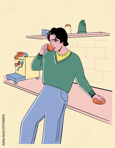 A man in the kitchen is having a cup of coffee. Vector illustration.