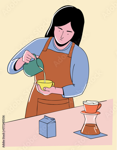 A female barista is making a latte (or a milk coffee). Vector illustration.