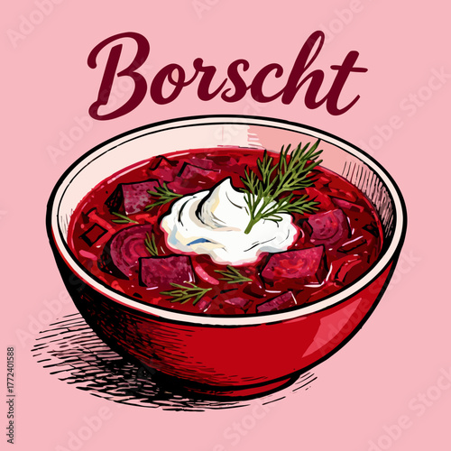Vector illustration of a traditional borscht bowl, a hearty beet soup from Eastern Europe topped with fresh dill and sour cream