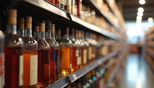 Wallpaper Mural Rows of liquor bottles on shelf in store with blurred background. Alcohol display at market. Variety of alcoholic beverages available for sale. Focus on bottles and labels. Torontodigital.ca