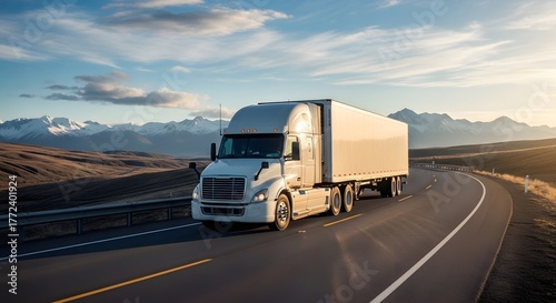 White semi truck driving on highway through green nature and mountains. Commercial vehicle transport for logistics and freight shipping.