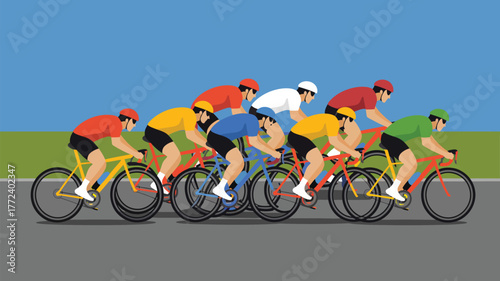 A group of cyclists wearing different colored shirts riding bicycles on a road under a blue sky day race