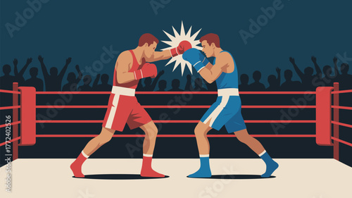 Two boxers in a boxing ring facing each other with an audience in the background in a cartoon style