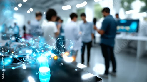 Wallpaper Mural Defocused image of modern university lab filled with holographic diagrams and silhouettes of students in discussion, with copy space. Torontodigital.ca