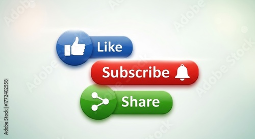 Collection of social media buttons blue like, red subscribe with bell, and green share icons on a light background.jpeg