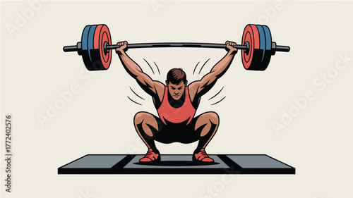 A man in a red tank top is lifting a barbell with weights overhead while squatting on a gray platform