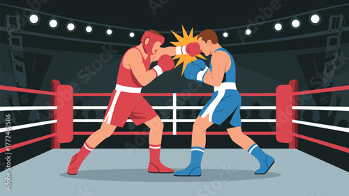 Two boxers in a boxing ring one in red lands a punch on the other in blue with lights above the ring