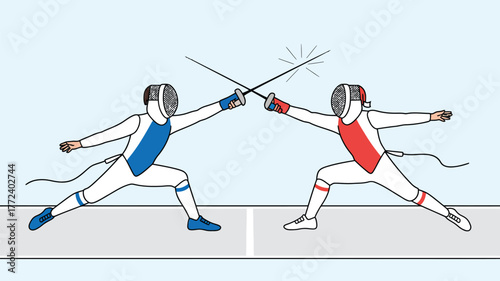 Two fencers in white suits with blue and red accents engage in a fencing match with swords crossed