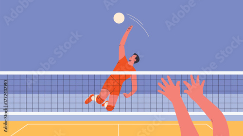 A volleyball player spiking the ball over the net with another player attempting to block the spike shot