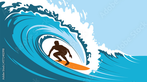 Silhouette of a surfer riding a large wave on a surfboard under a bright blue sky on a sunny day