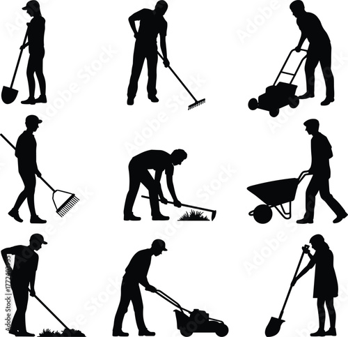 Gardening, landscaping, lawn care, outdoor maintenance, people silhouettes, shovel, rake, wheelbarrow, watering can, push mower, broom, planting, soil, roller, seasonal yard work