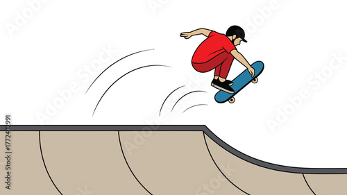 A person in red shirt and pants riding a blue skateboard on a ramp with curved motion lines behind