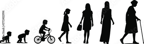 Life stages silhouette, human growth evolution, childhood to adulthood, aging process, generational concept, family development, timeline of people, education, healthcare, society, lifestyle, journey