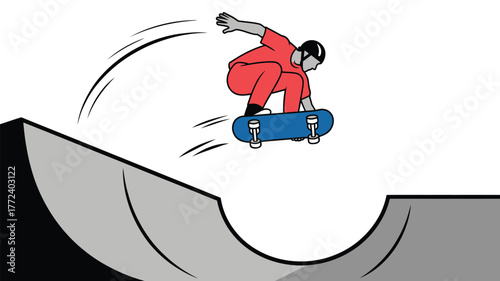 A skater in red suit performing a trick on a blue skateboard over a gray skate park ramp illustration