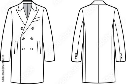 Double-breasted overcoat technical sketch, front and back view, fashion design template, tailoring details, cad drawing flat vector illustration