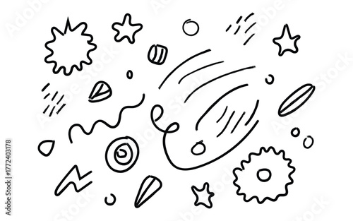 Hand drawn abstract doodle elements featuring stars swirls shapes and lines on white background