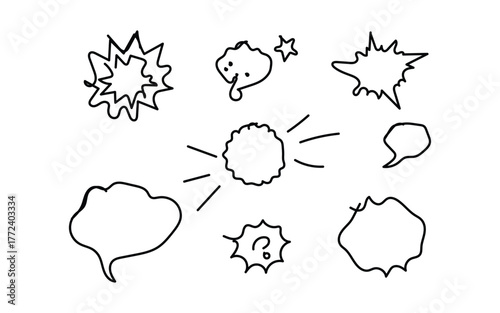 Collection of hand drawn comic book speech bubbles and sound effect elements in black and white