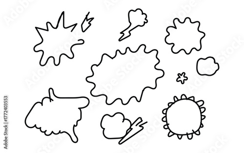 Collection of hand drawn comic book speech bubbles and sound effects in outline style