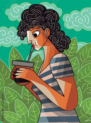 cubist woman drinking yerba mate