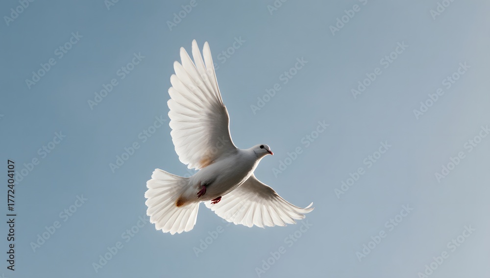 Obraz premium White dove flying gracefully in clear blue sky.