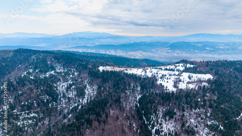 A tranquil winter panorama of Beskid Mały in southern Poland, where snowy meadows meet evergreen forests and rolling mountain hills under a serene, cloud-streaked sky.