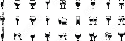 Diverse collection of wine and cocktail glass silhouettes ideal for beverage and hospitality design elements vector
