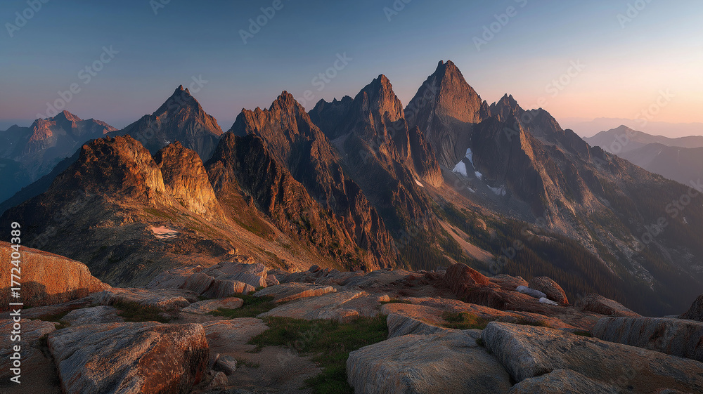 Naklejka premium Jagged mountain peaks illuminated by the golden light of early morning